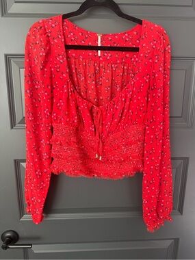 Free People Red Floral Smocked Long-Sleeve Women's Top